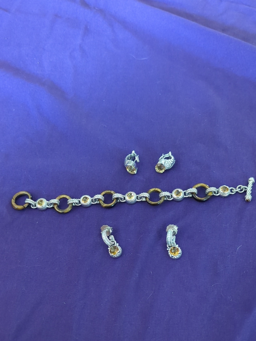 Judith Ripka Tiger Eye Silver Bracelet and Citrine  Earrings Set